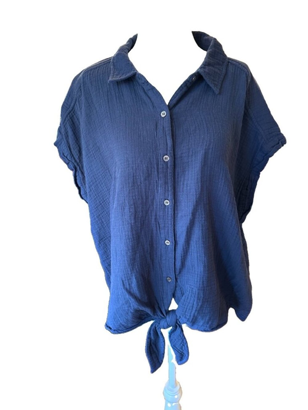 Vince Camuto XL Blue Cotton Button Front Shirt Short Sleeve Front Tie